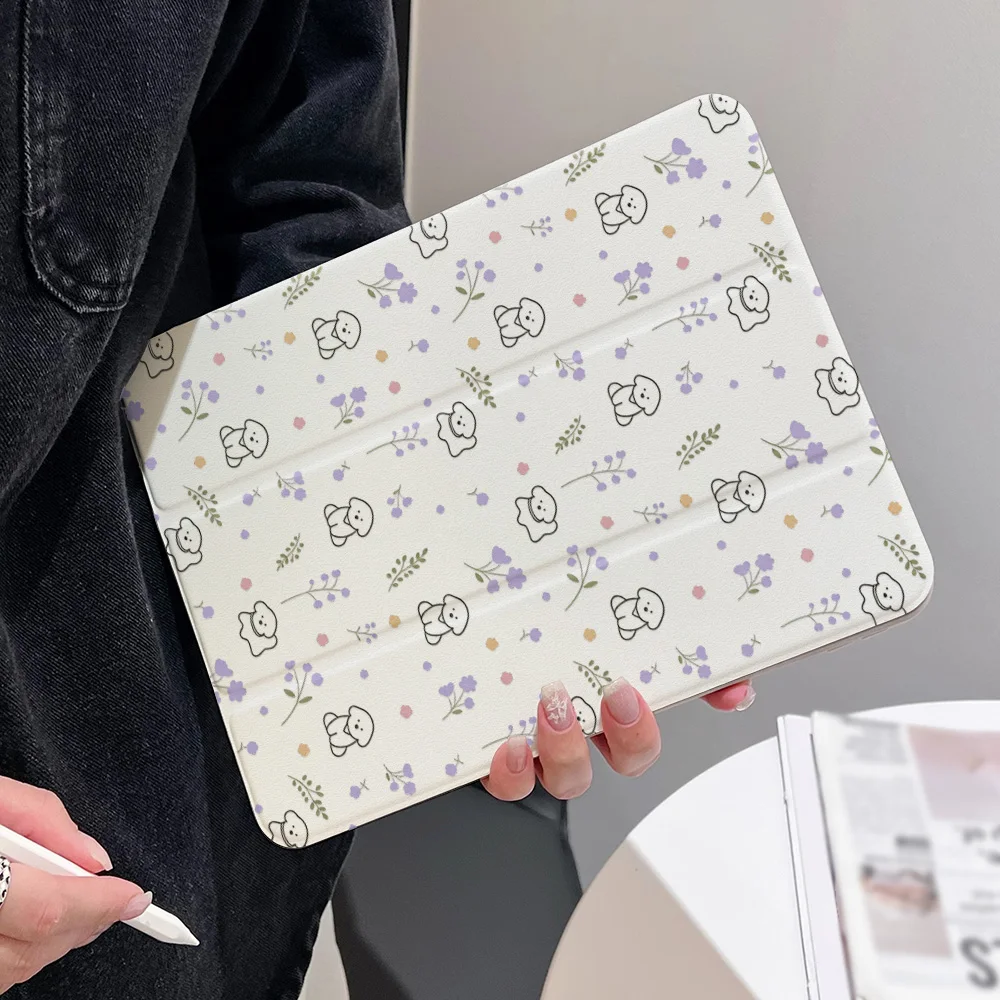 360° Rotatable Tri-Fold for Samsung Galaxy Tab S9 S10 FE A9 A11 S7 S8 Plus Painted Tablet Purple Floral Puppy Drop-proof Cover