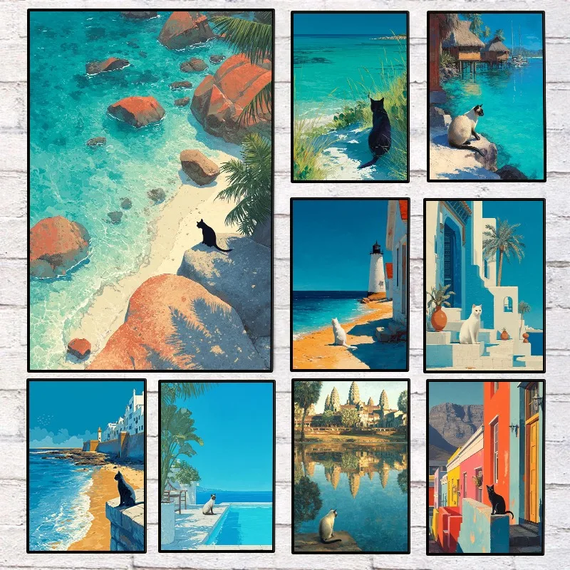 Póster de Villa de Lujo en la Costa Mediterránea para Viajes de Verano, Pintura en Lienzo de Gato en Playa Tropical, Arte de Pared para Decoración del Hogar y Sala de Estar
