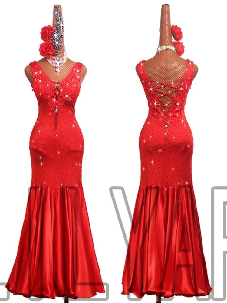 

New Modern Competition Performance Dress Big Red Slim Fit Big Swing Sparkling Diamond Long Dance Skirt