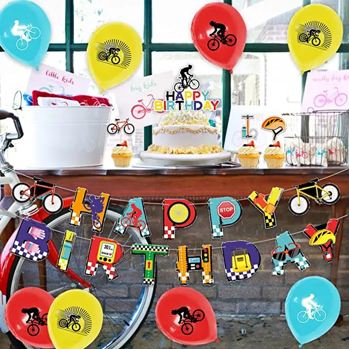 Fahrrad-Geburtstagsparty-Dekorationen, Fahrrad-Latex-Luftballons für Kinder, Geburtstag, Babyparty, Hochzeitstorte, Topper, Banner, Partyzubehör – Detail 4