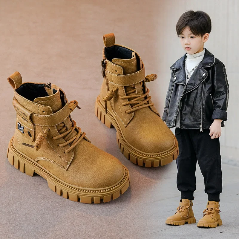 High Quality Children Boots Autumn Winter Plus Cotton Warm Outdoor Riding Boots Boys Girls Genuine Leather Sneakers Kids Shoes