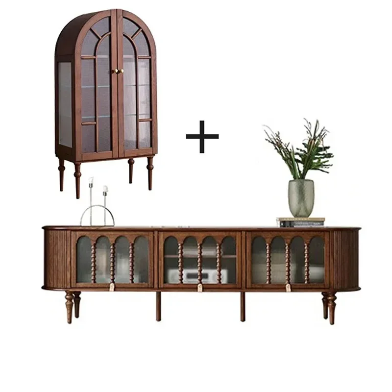 French retro solid wood TV cabinet, living room 2024 new storage cabinet, medieval home floor storage integrated cabinet
