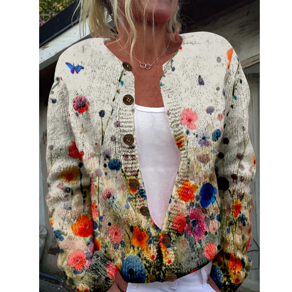 

Осень-зима вязаный кардиган с цветочным принтом, повседневный свитер, уличная одежда, женские свитера, вязаный топ, крутые джемперы, модные