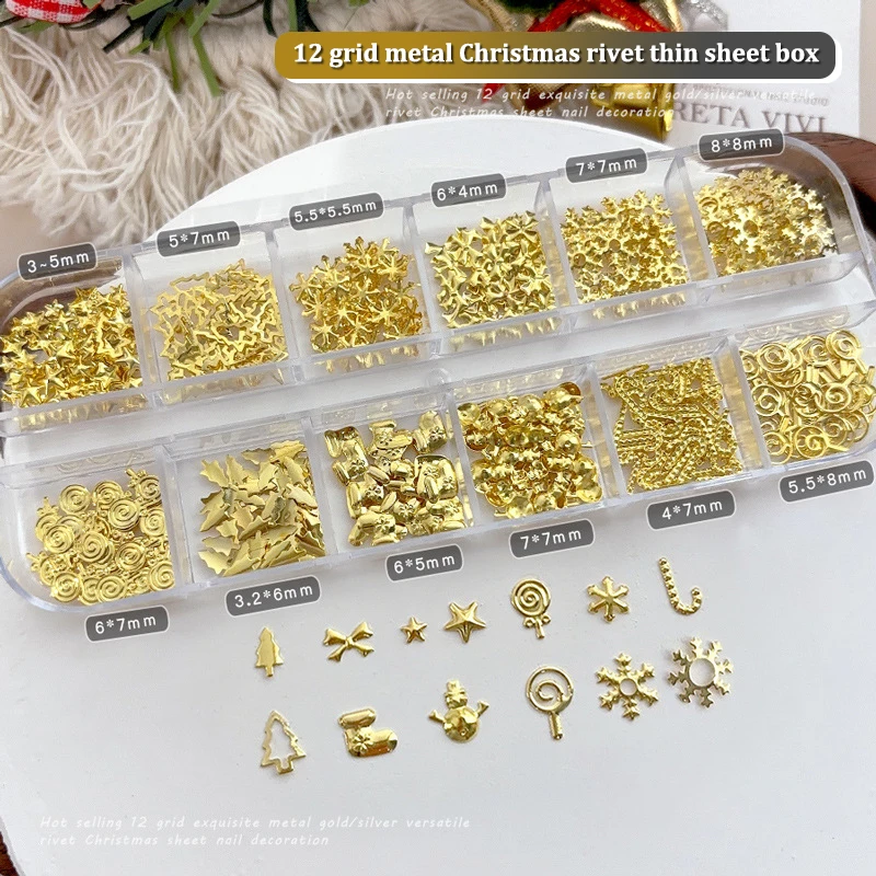 

12 Grids Christmas Metal Slice Xmas Tree Snowflake Lollipop Gear Star Gold Silver Nail Art Sequins Decorations Manicure Charms