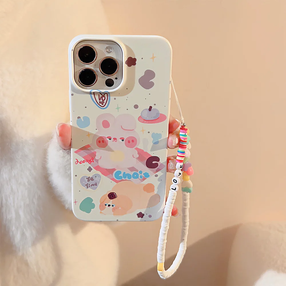 Bunny Love Phone Cases for IPhone 11 12 13 14 Pro Max for IPhone Graffiti Korean Vintage Phone Case Picnic Party Cute Fashion