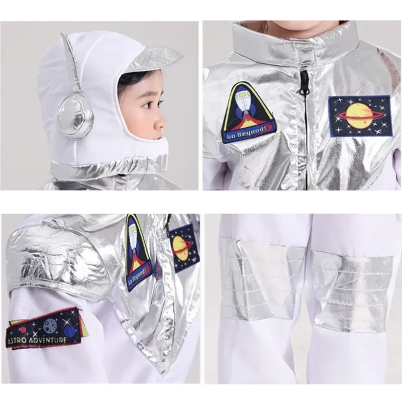 EE01 Child Astronaut Costume Spaceman Fantasy Jumpsuit School Performance Costume Halloween Cosplay Hooded Suit Free White GIo0！