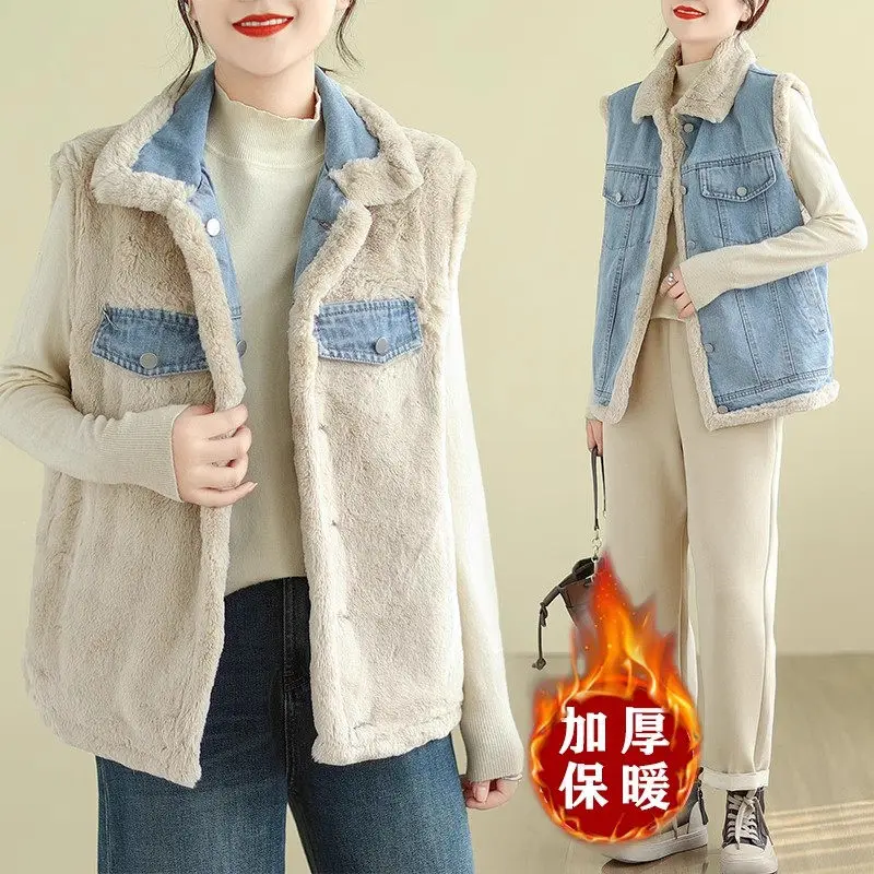 

Literary Temperament Thickened Plush Denim Vest Women Casual Fashion Versatile Loose Short Jacket Sleeveless Waistcoat Z3569