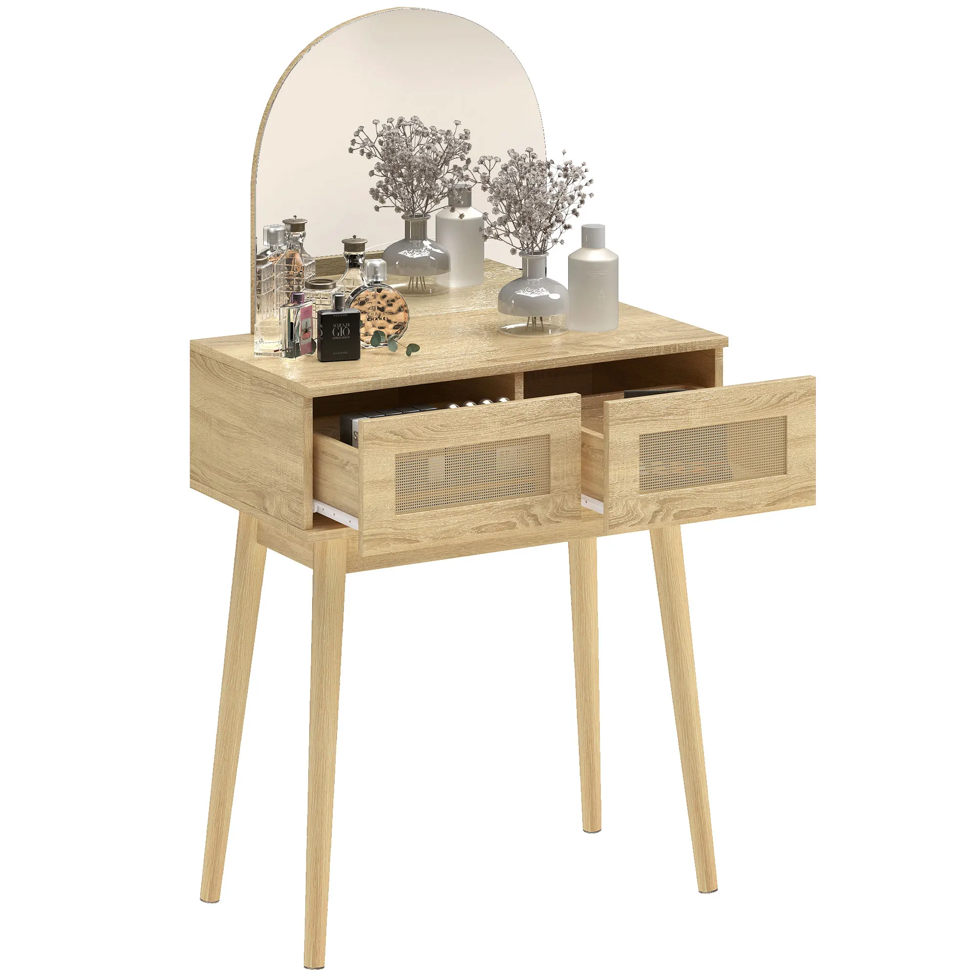 HOMCOM Tocador con Espejo Arqueado, Mesa de Maquillaje Moderna con 2 Cajones con Frontal de Ratán, Tocador de Maquillaje para Dormitorio, Espacios Pequeños, Natural