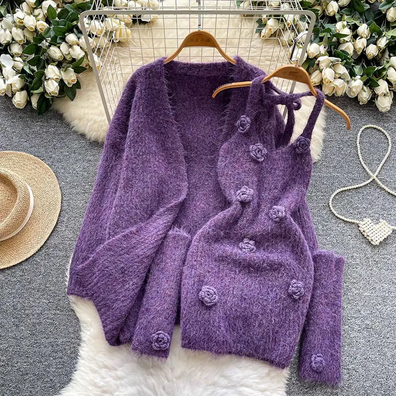 

Сексуальные костюмы с 3D цветочным принтом, теплый кардиган + платье на бретельках + подходящие нарукавники, осенне-зимние женские милые кокетливые трикотажные комплекты