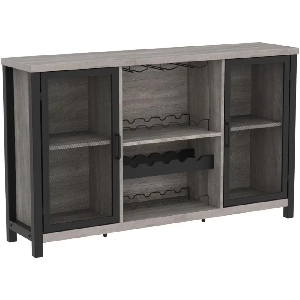 Light gray oak 55 inch bar cabinet for holding drinks and glasses, living room side panel buffet cabinet with bar rack storage