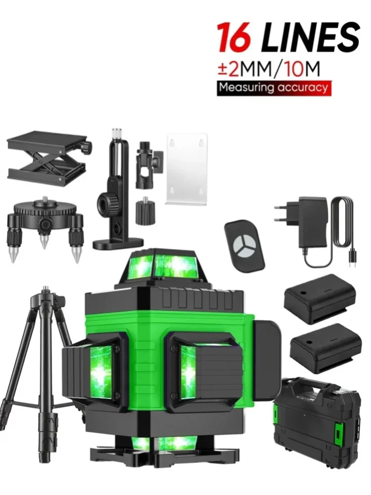 Poziomica laserowa 4D z 16 liniami, 3 poziomy ° Narzędzie do poziomowania z funkcją samopoziomowania, wszechkierunkowa naklejka do oznaczania linii na podłogę/ścianę ze statywem. — 2
