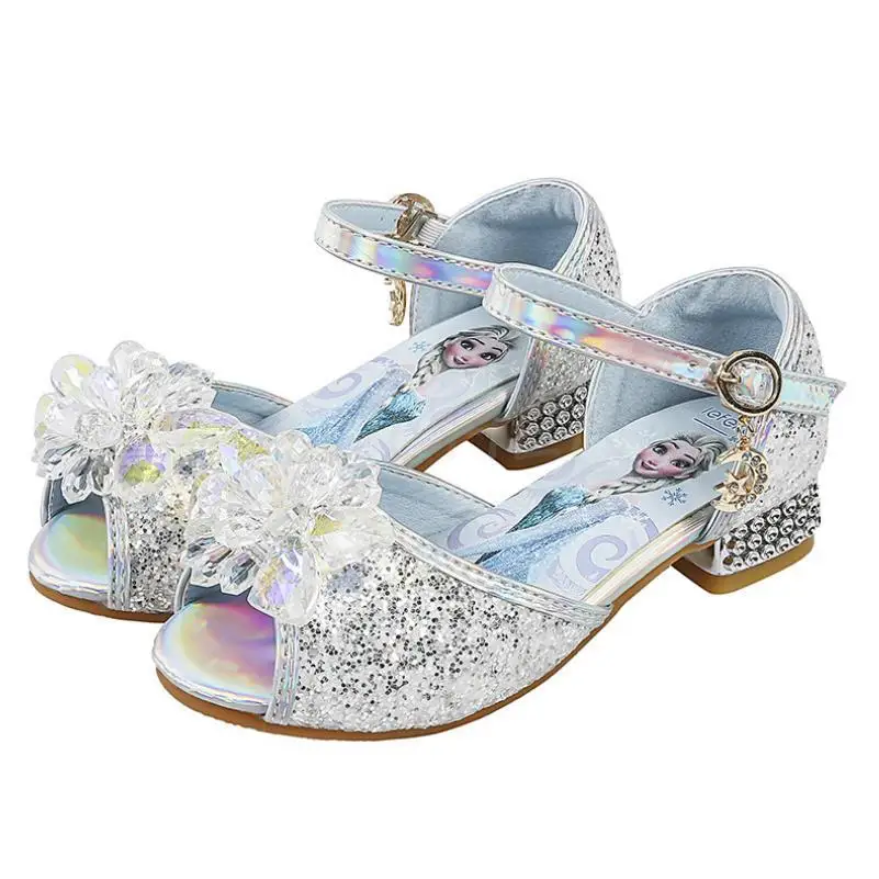 Sandalias Disney para niñas, nuevos zapatos de princesa Elsa, zapatos de verano de Frozen para niños, zapatos informales de cristal con lentejuelas,