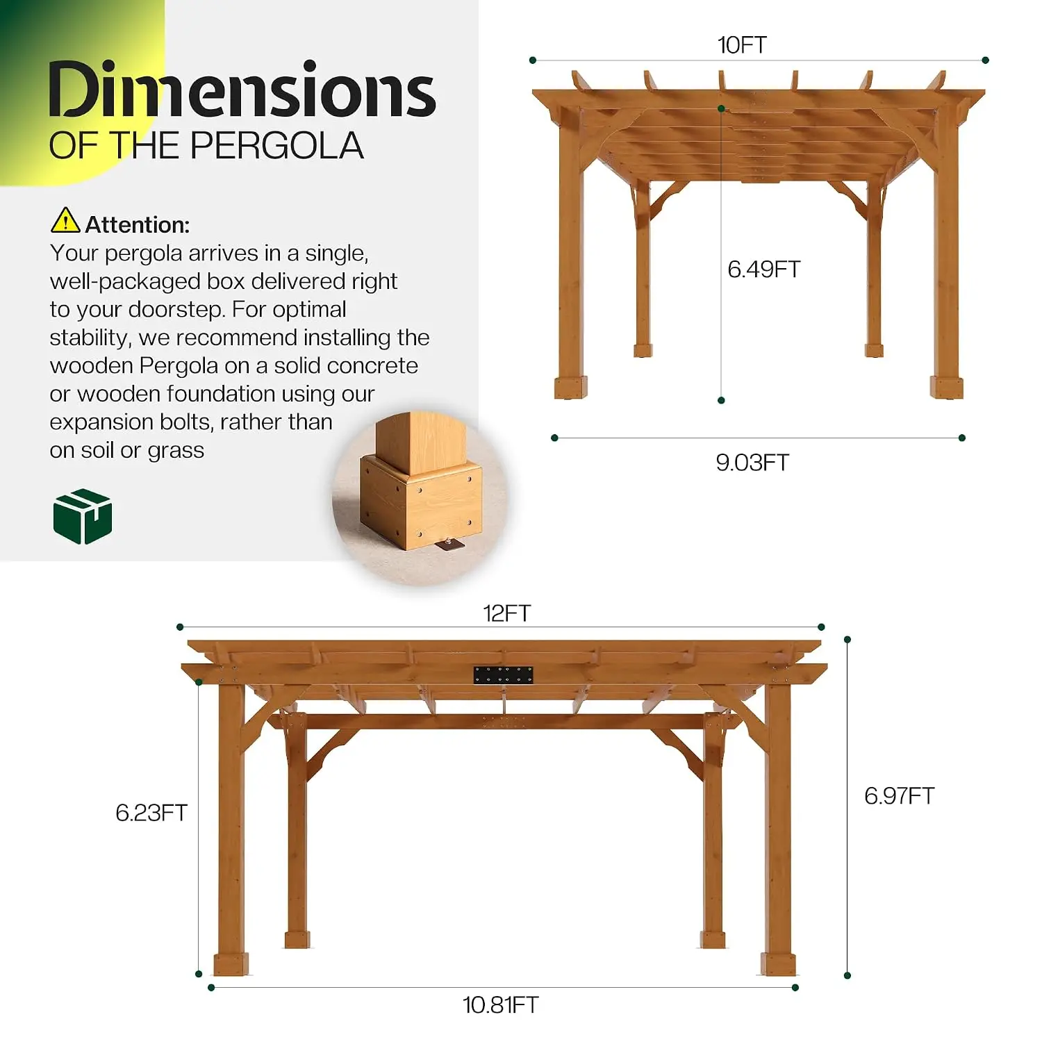 10x12 FT Premium Cedar Wood Pergola with Trellis Roof & Stakes | Outdoor Pergola Kit with Weather-Resistant, Customized