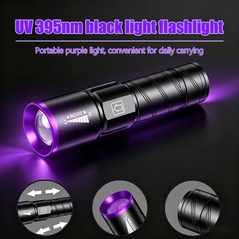395nm LED UV Flashlight USB Rechargeable Zoom Torch Light for Ink Dryer Money Fluorescer Detector UV Oil Curing Purple Light