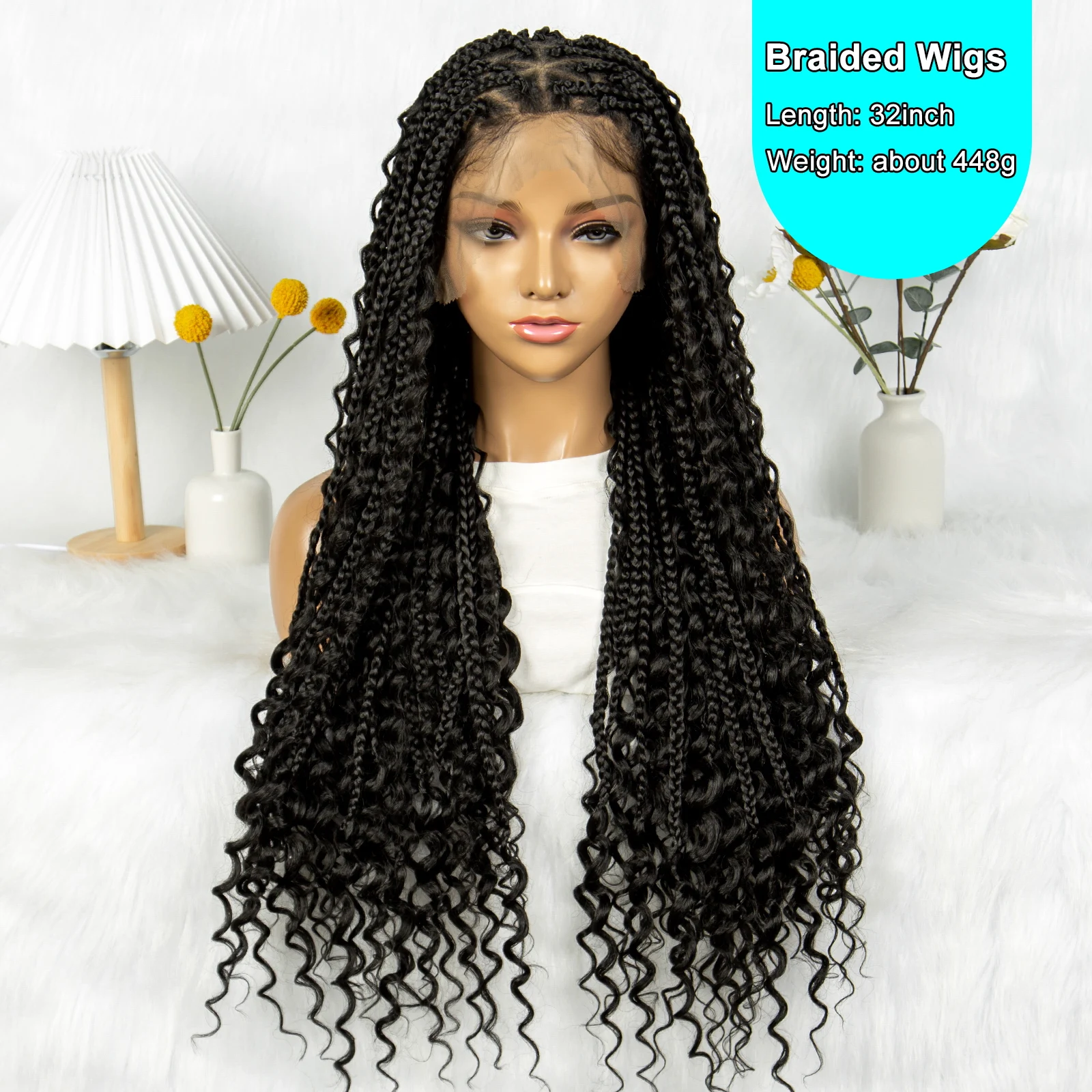 Kima Boho Braided Wig Bohemian Box Braids Wig Synthetic Full Lace Wigs Triangle Goddess Braids Curly End with Baby Hair