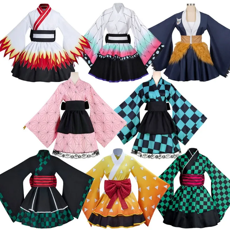 Disfraz de Cosplay de Anime japonés para mujer, Demon Slayer, Rengoku Kyoujurou, Kochou Shinobu, Kimono Lolita, uniforme de sirvienta, traje de vestir, adulto