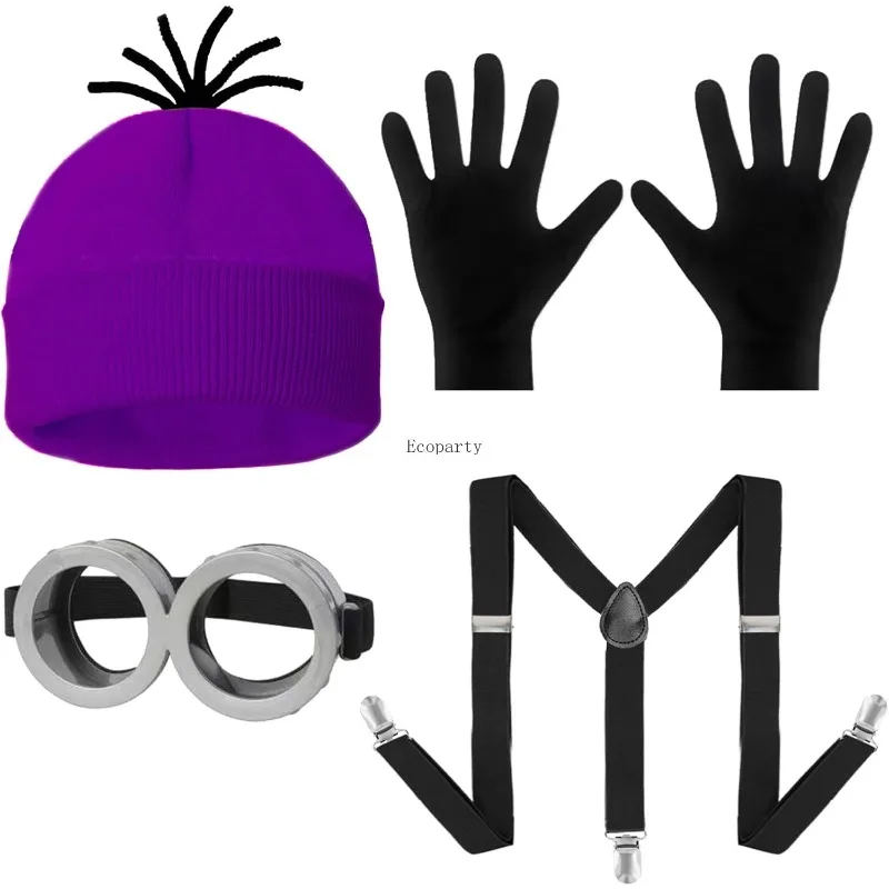 Disfraz Halloween-Kostümzubehör für Erwachsene, gelb/lila, Beanie-Brille, Handschuhe, Hosenträger, Halloween-Kostüm-Zubehör-Set