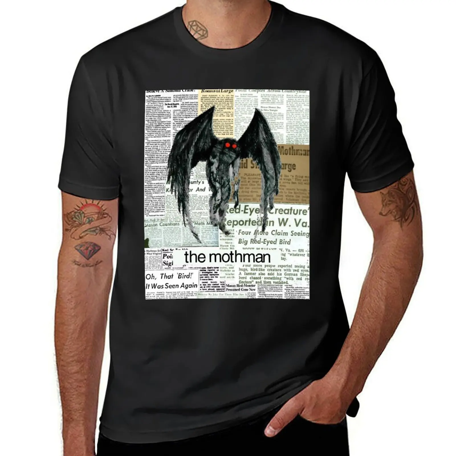 mothman newspaper articles T-Shirt hippie clothes plain t shirts for men cotton