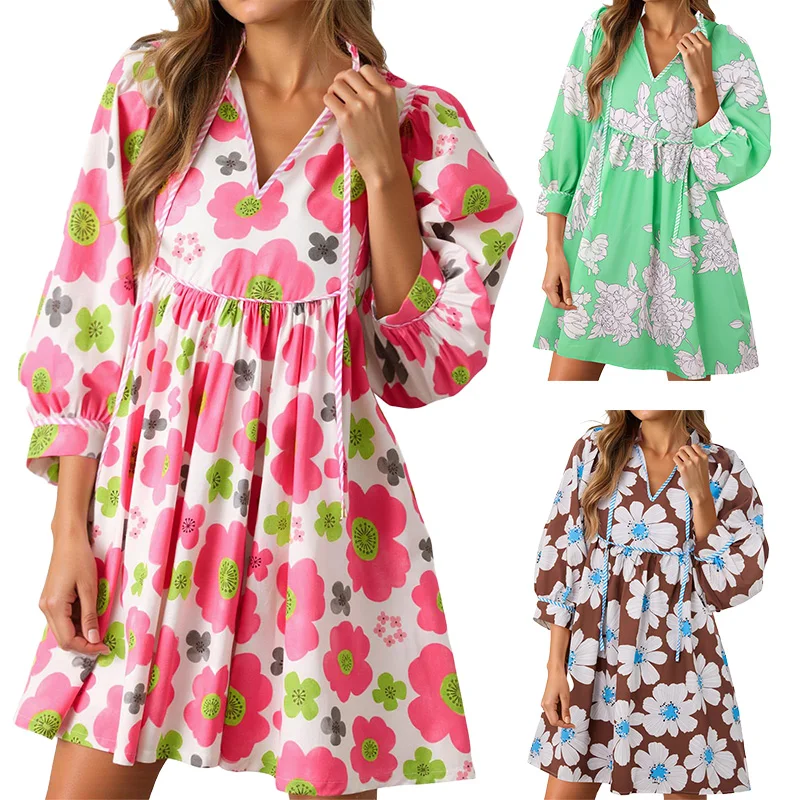 

Exquisite 3D Printed Women’s Flowy Babydoll Dress High Waist 3/4 Sleeve Floral Boho Summer Loose Beach Vacation Mini Dresses