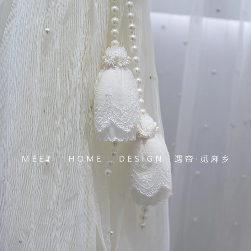 French Romantic Princess Curtain Strap Pearl Tie Gauze Curtain Lace French Curtain Magnolia Pearl Tie