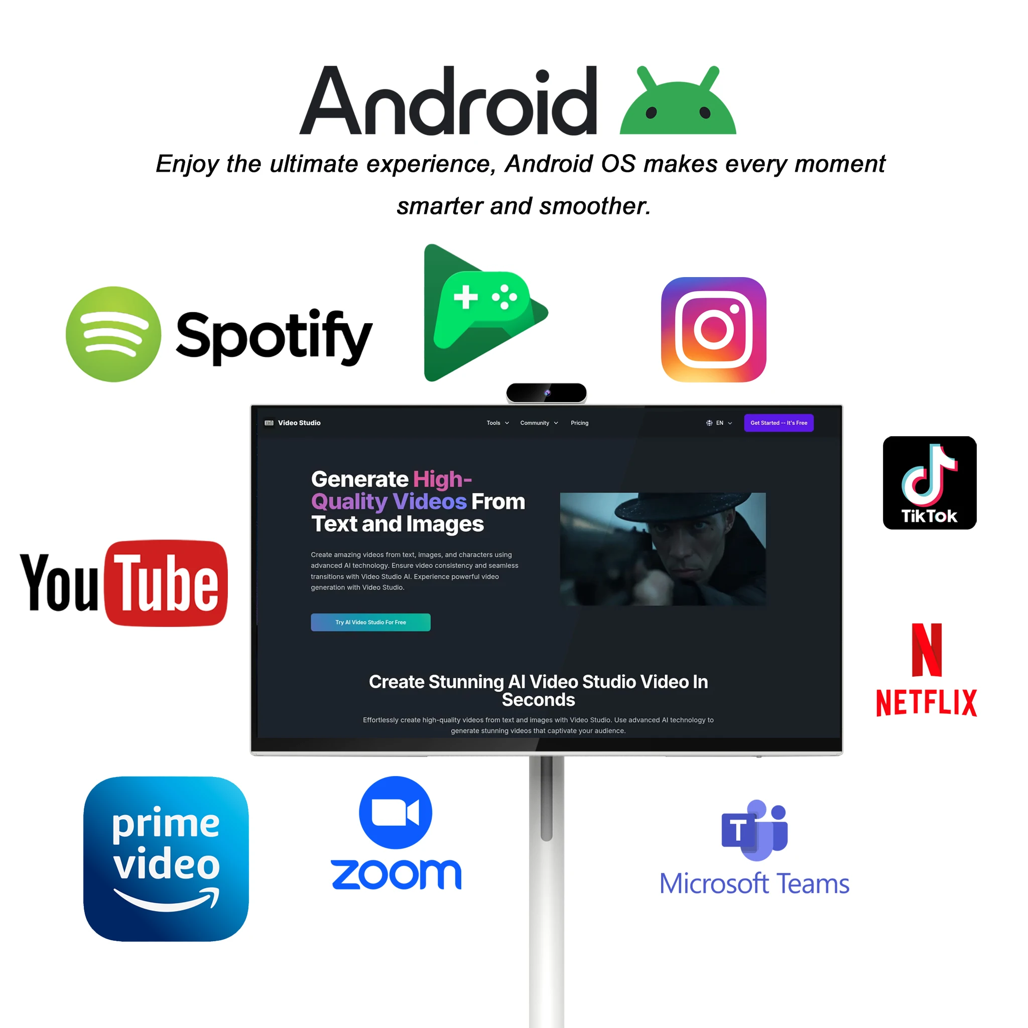 32 Inch Portable Smart TV Android 13 4K HDR LED RV Camping Home Entertainment TV White 8+128GB Built-in Battery HD Television
