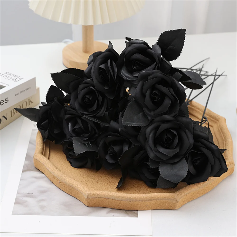 Flor Artificial de Rosa Negra para decoración del hogar, flor de simulación de alta calidad para interiores, para boda, 12 unidades