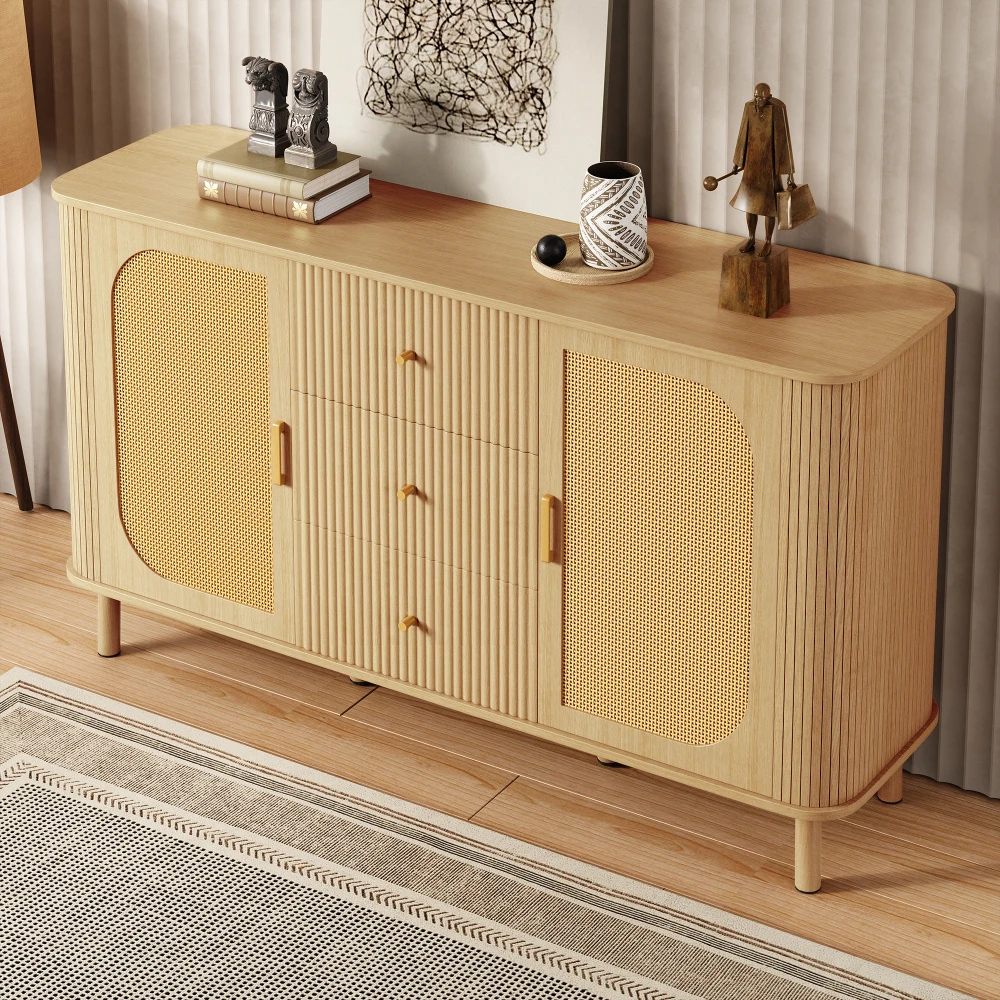 Modernes Sideboard mit vielseitigen Holzoptik-Schubladen, Regalen, Metallbeinen für die Aufbewahrung im Wohnzimmer – Detail 4