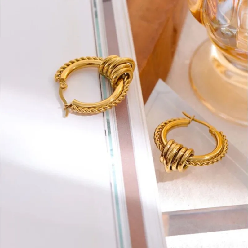 SRCOI Punk Metal Stainless Steel Chunky Hoop Earrings For Women Jewelry Golden Curved Rope Edge Creole Hoops Unique Design