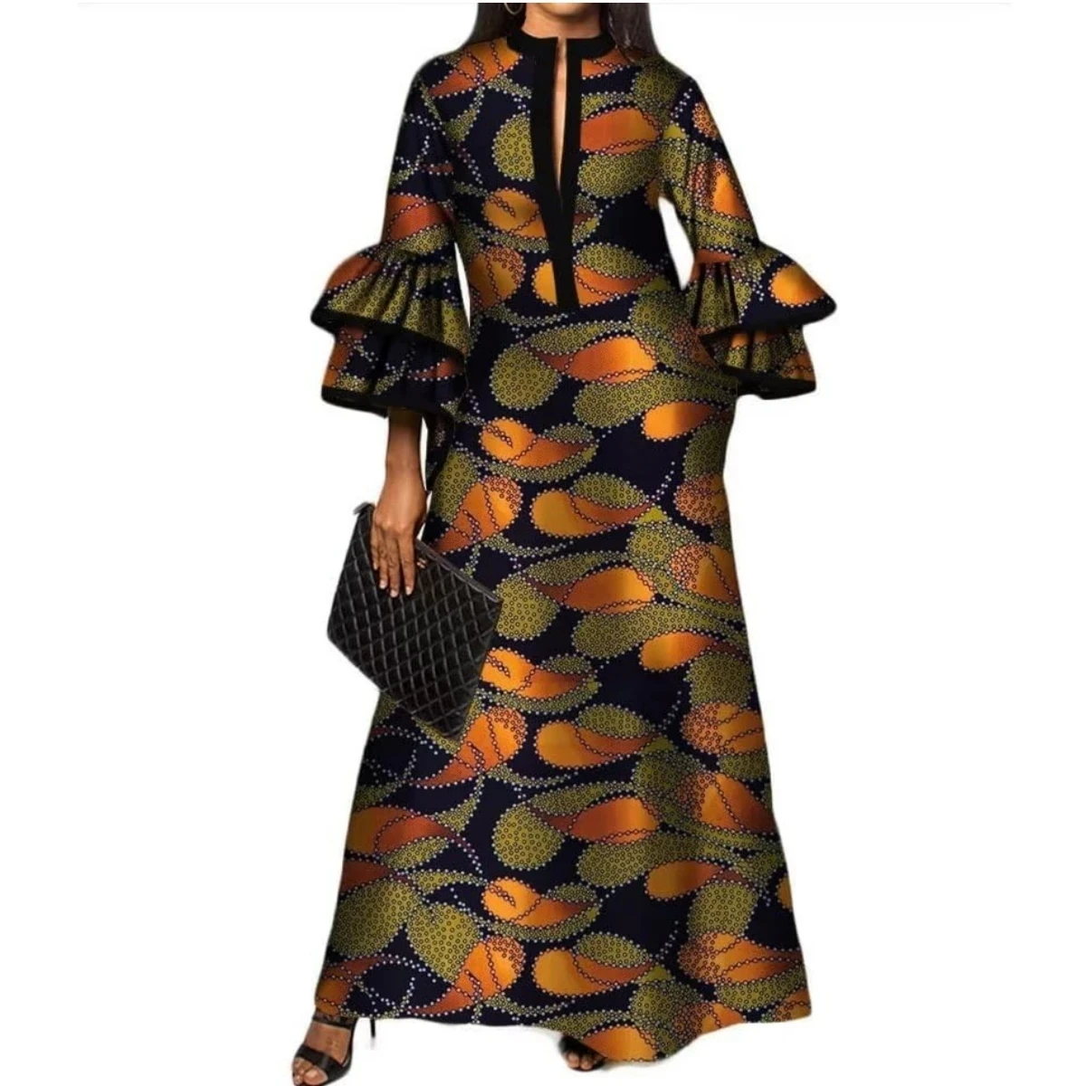 African Print Long Dresses for Women Cotton Ruffles Long Sleeve Dresses Vestidos African Design Church Causal Clothing WY3472