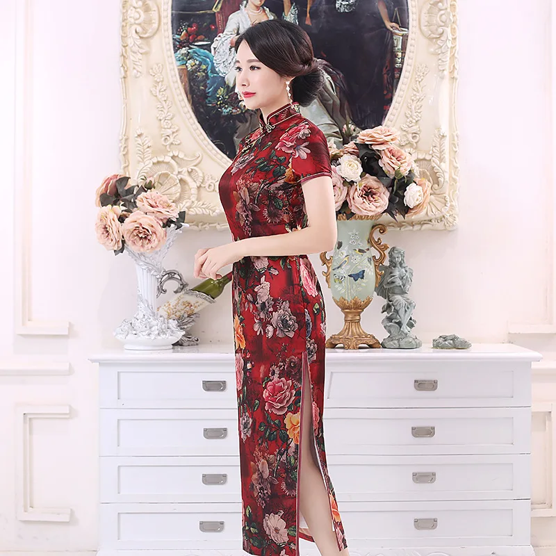 New Chinese Style Ethnic Characteristics Double-Layer Retro Long Cheongsam Digital Printed Dress