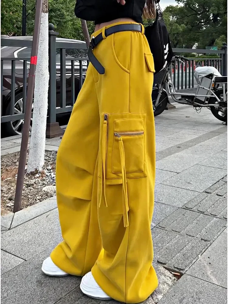 Women Streetwear Cargo Pants Loose Casual Pocket Zipper Lanyard Wide Leg Trouser American Hip Hop Yellow Hottie High Waist Pants
