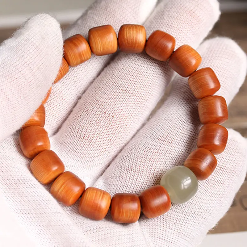 Taihang Natural Thuja Bracelet Artistic Tibetan Bucket Bead Wooden Hand String with Medicinal Fragrance Hetian Jade Lucky Beads