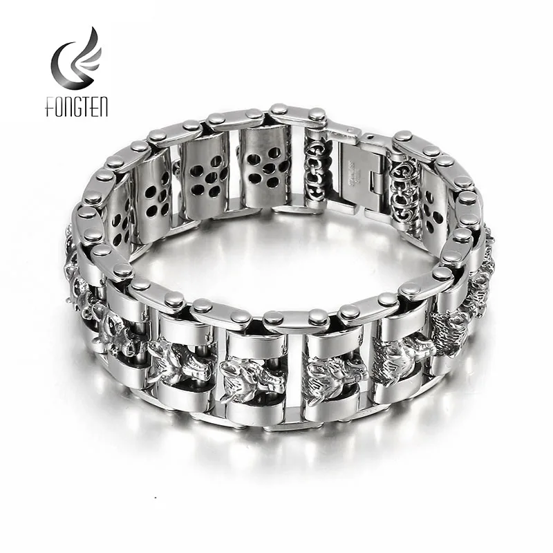 Fongten Skull Wolf Bracelets For Men Stainless Steel Metal Chain Charm Men Bracelet Bangle Gothic Silver Color Jewelry