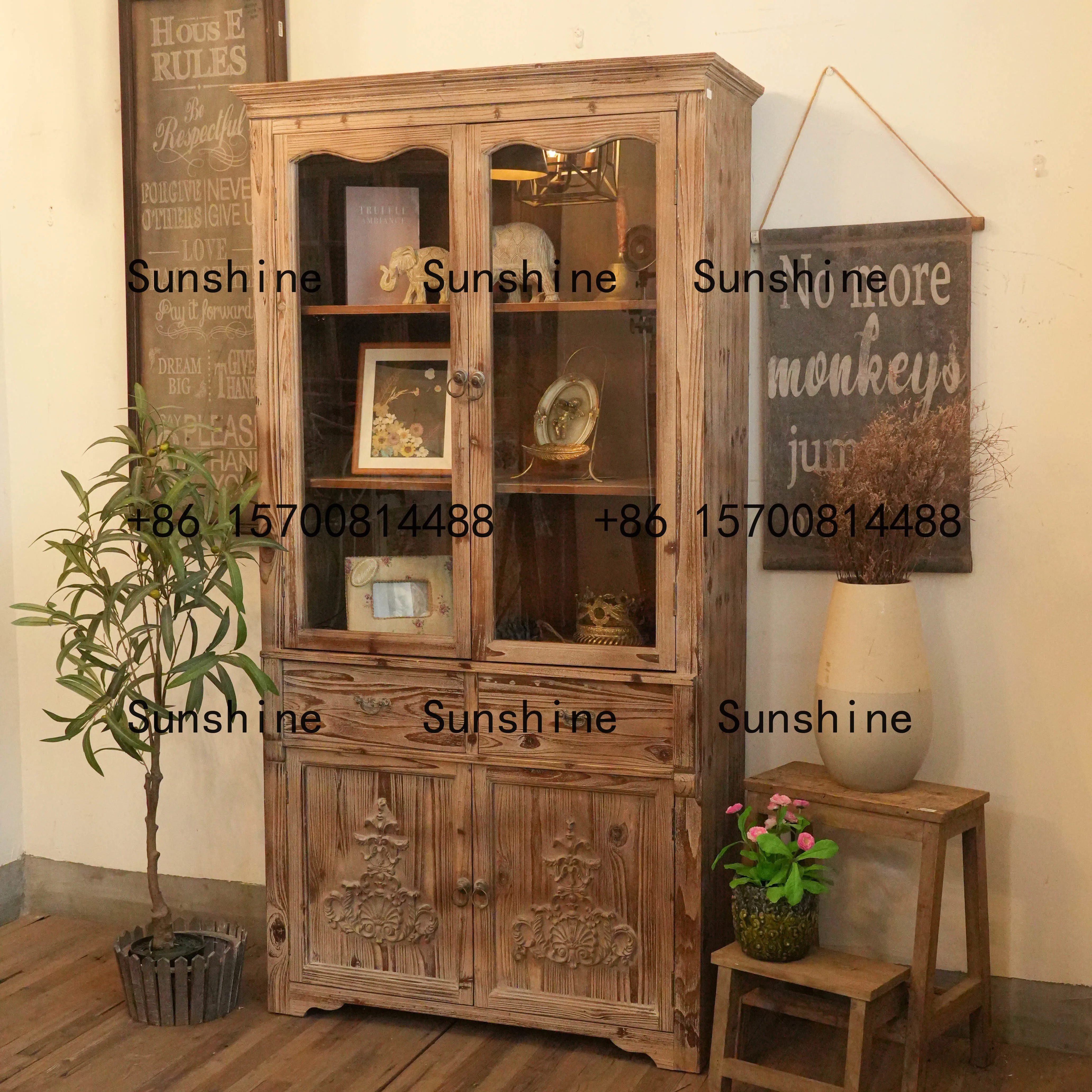 Solid Wood Glass Display Cabinet Multi-Layer Showcase Vintage Carved Storage