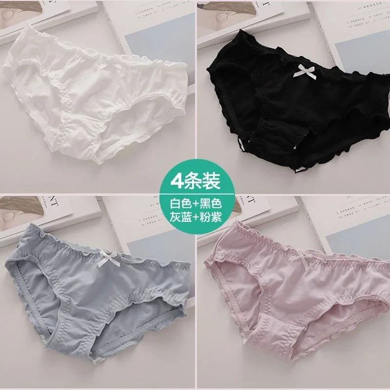 4 Pcs Female Underwear for Women Bow Panties Korean Low Rise Pack Set Lingerie Schoolgirl 2024 Cute Ruffle Solid Summer Briefs