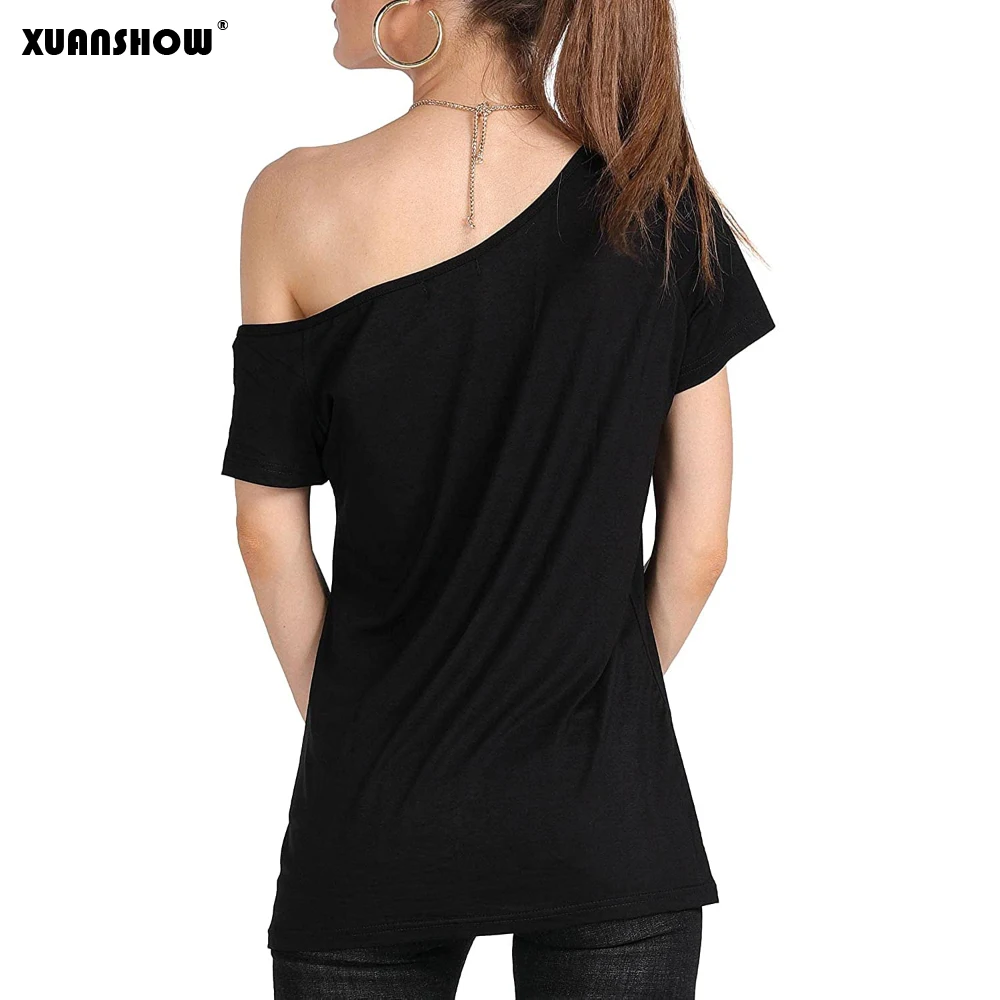 XUANSHOW 2024 Summer Sexy Women\'s Lips Print Causal Off The Shoulder Loose T-Shirt Tops