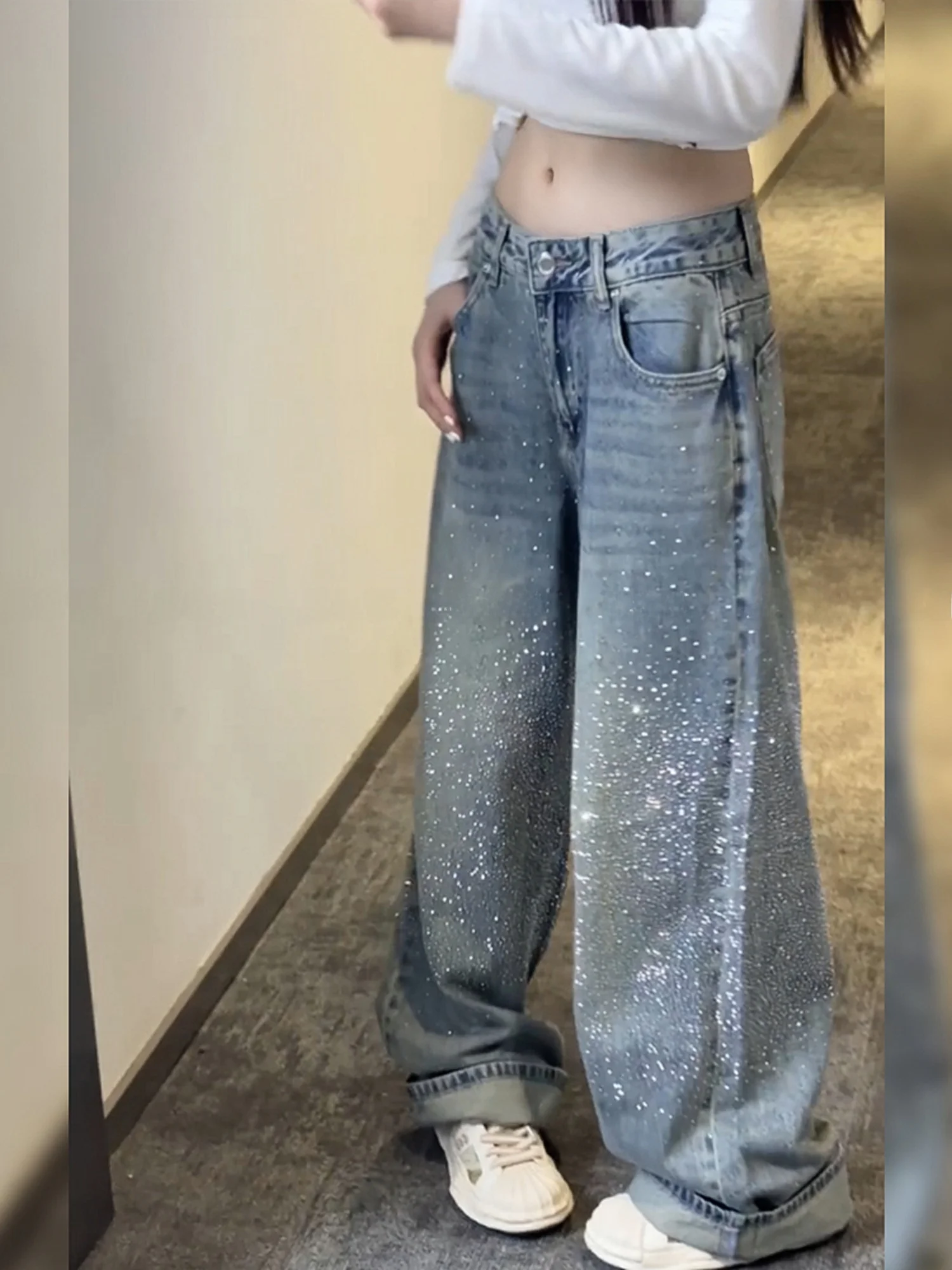 American Retro Glittering Loose Women's Jeans High Waist Diamond Studded Floor-Length Trousers Lazy Style Distressed Denim