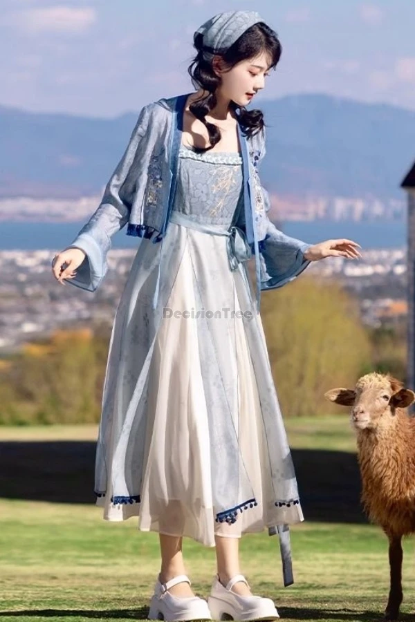 

2025 chinese improved casual retro style halter yarn dress tassel embroidery coat jacquard hanfu set daily loose modern hanfu