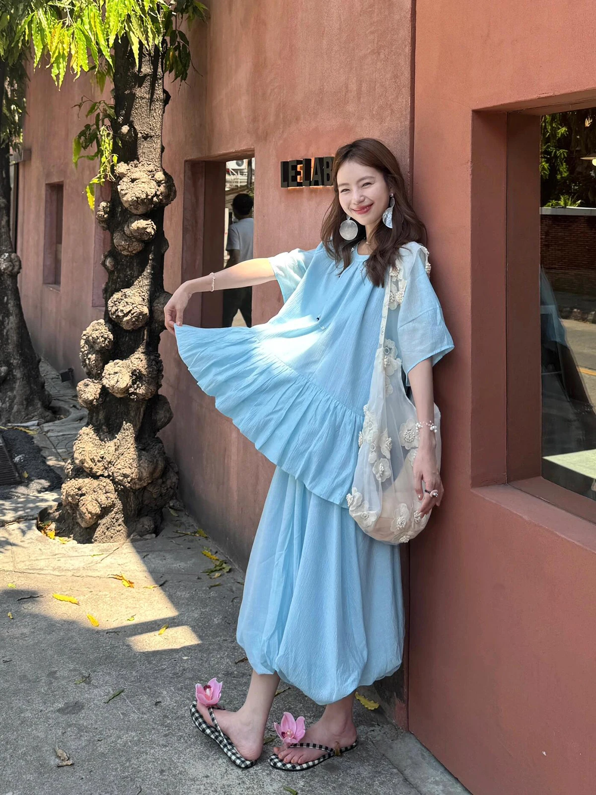 

DesiGar Cotton Linen Set Blue Lace Short Sleeve Shirt Top Flower Bud Half Skirt Two Piece Set Summer Casual Style for Women