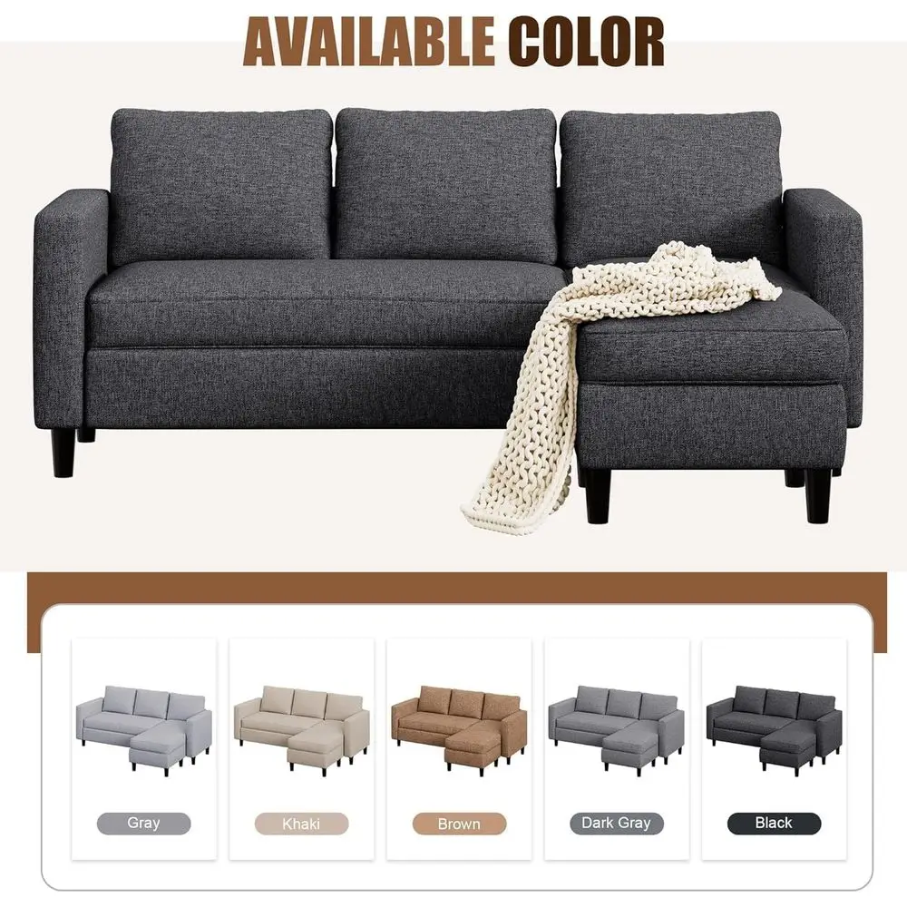 Canapé sectionnel 3 places en forme de L 73,6 avec tissu en lin et pouf, idéal pour les petits espaces, les salons et les bureaux, noir