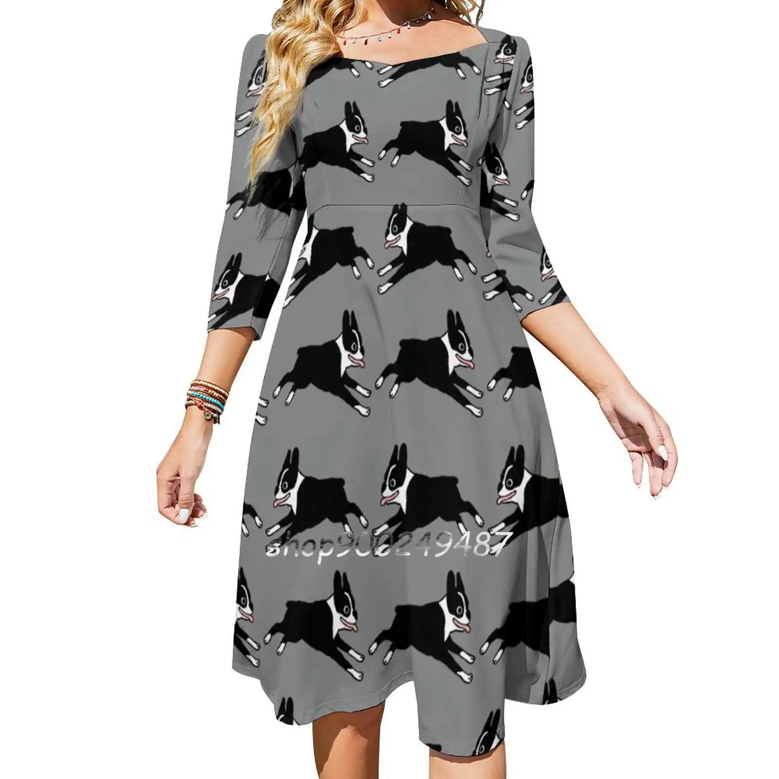 Jumping Boston Terrier Cartoon Dog Square Neck Dress New Plus Size Elegant Women Waist Tight Dress Boston Terrier Dogs Bostons