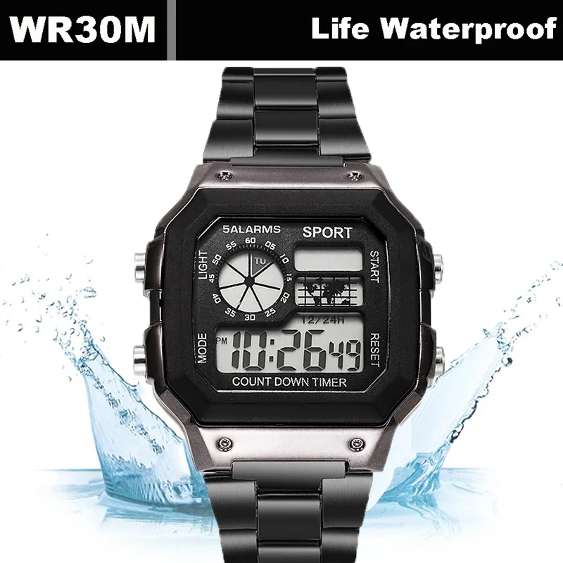 YIKAZE Digital Watch Men\'s Watch Stainless Steel Strap Countdown Sport Watches Waterproof Led Electronic Wristwatch for Men Gift