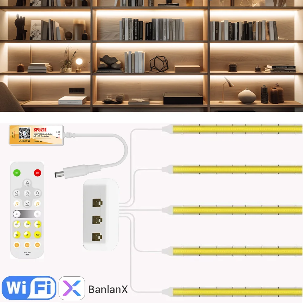 

DC12V COB LED Cabinet Light Strip Wifi Dimmable Linear Lighting Flexible Tape RF Remote Control for Kitchen Shelf Bedroom Closet