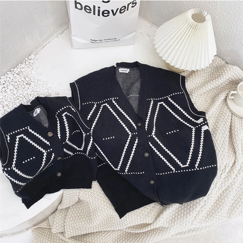 Family Daughter Son Matching Outfit Autumn Dad Mother And Child Knit Sweater Vest+Shirt+Pants 3pcs Sets Parent-Child Pair Look