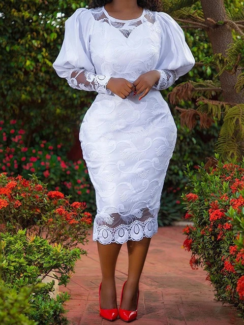 Robe Crayon En Dentelle Blanche Pour Femmes Manches Bouffantes Broderie Grande Taille 4xl Vetements De Soiree De Mariage D anniversaire Robes AliExpress