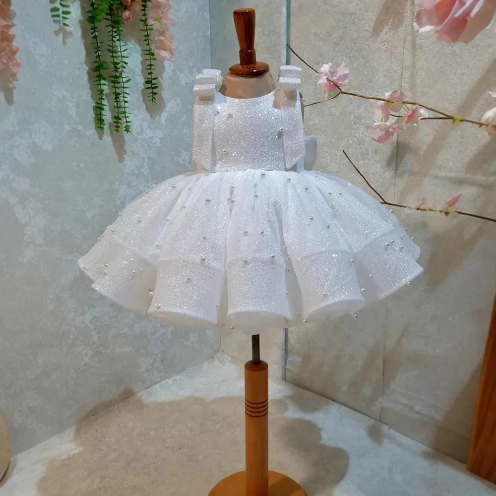 White Princess tutu dress for girls baby bow Sparkling pearls Wedding Formal Dresses little girl's 1st birthday party dress