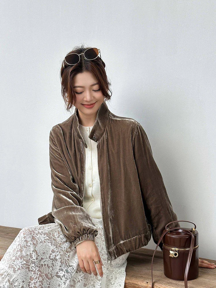 Silk Velvet Jacket Long Sleeve Zipper Closure Stand Collar Commute Style Women's Short Outerwear Youth Winter Fashion