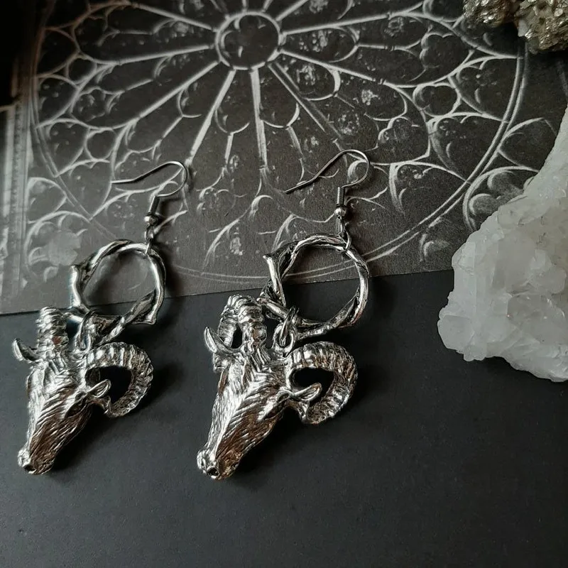 New Goth Baphomet Goat Thorn Earrings Gothic Witch Satan Occult Alternative Statement Jewelry Satanic Ram Skull Medieval Women