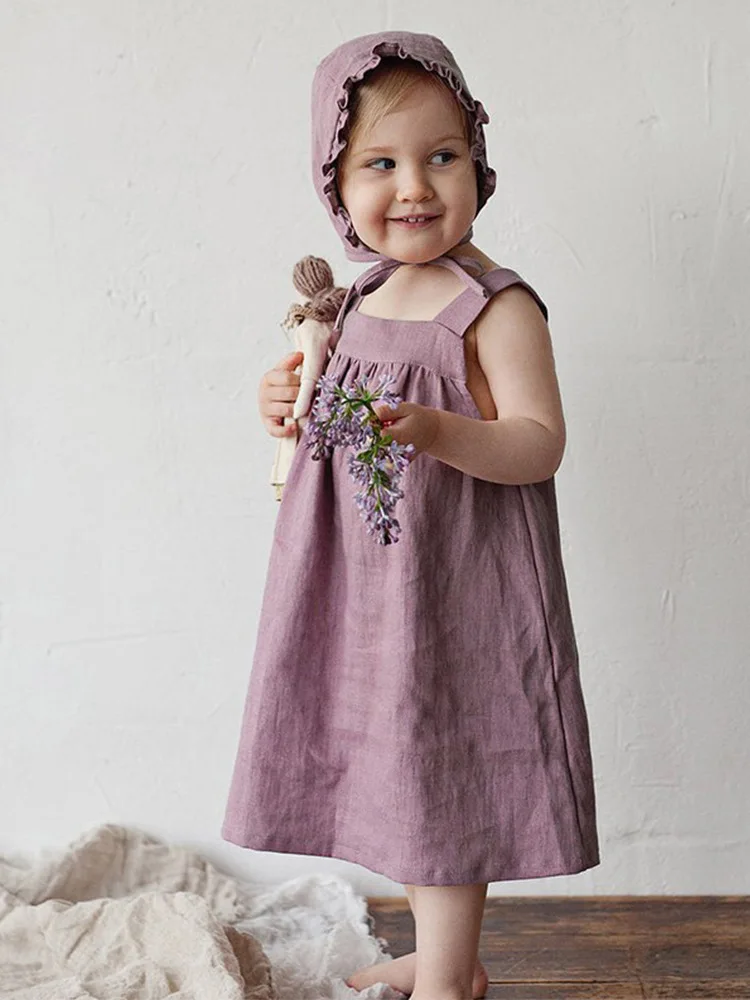 

2025Summer New Children's Dress Wide Shoulder Square Neck Tank Dress Solid Color Strap Elegant Linen Girl's Dress