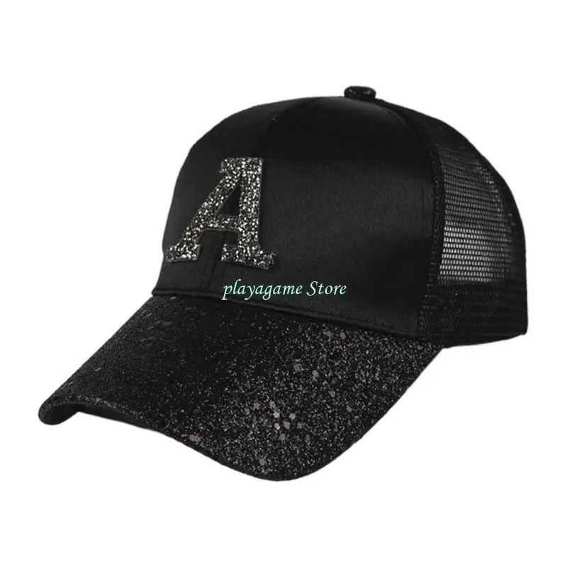 Y88A Dames Mesh Back Pailletten Vizier Baseball Cap Letter Borduren voor